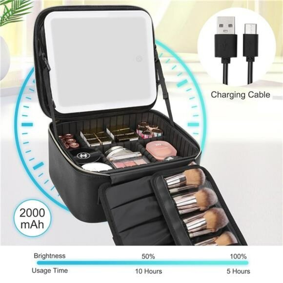 Travel makeup bag with LED mirror cosmetic case organizer with dividers black - Picture 4 of 7